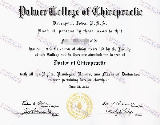 Copy Fake Palmer College of Chiropractic Certificate